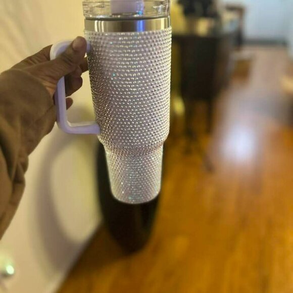 WHITE RHINESTONE 40oz TUMBLER WITH HANDLE- BLING CUP - Picture 5 of 7